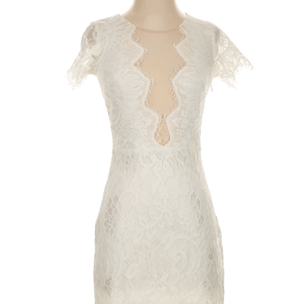 Ivory Lace Mini Dress with Scalloped Plunge Neck NWT